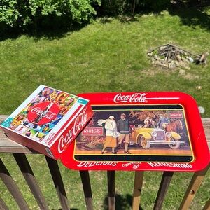 Coca-Cola Red and Yellow Serving Tray with Classic Artwork Vintage with Puzzle